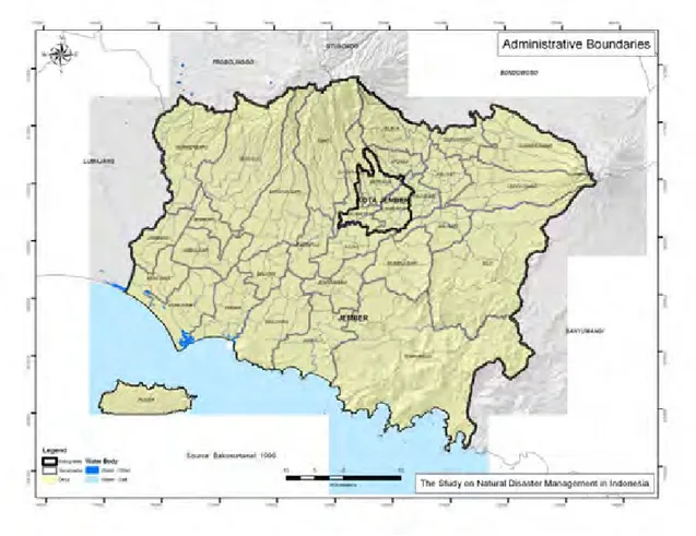 Gambar  4.2.1 memperlihatkan batas wilayah pemerintahan di tingkat kecamatan dan desa di  Kabupaten Jember pada Tahun 1999