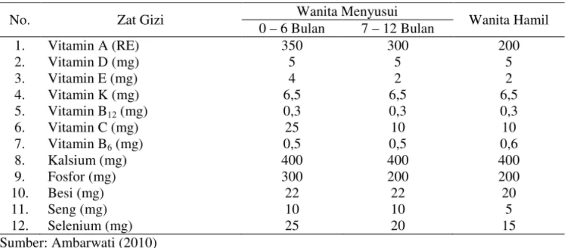 Tabel 2.1.  Kebutuhan vitamin dan mineral   pada wanita hamil dan wanita menyusui 