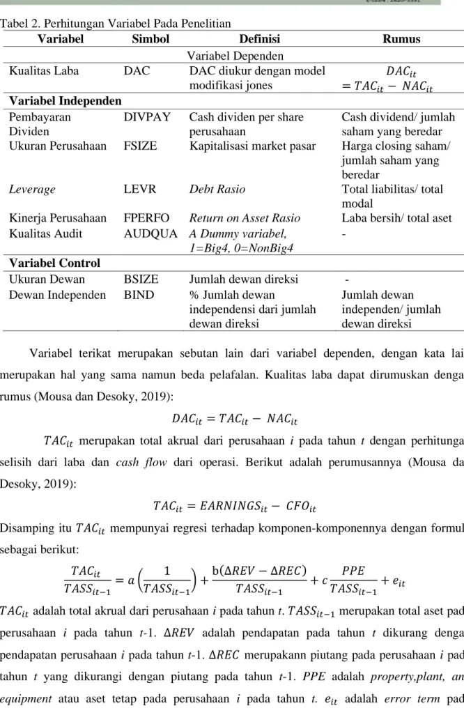 Tabel 2. Perhitungan Variabel Pada Penelitian 