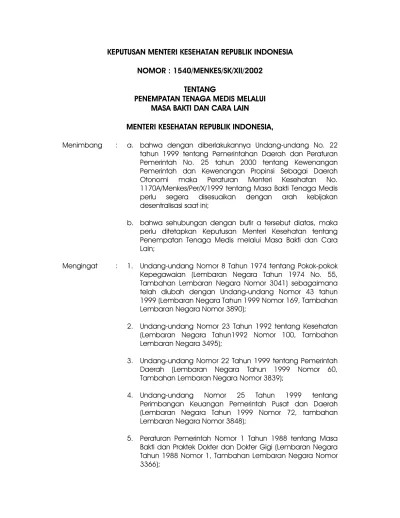 KEPUTUSAN MENTERI KESEHATAN REPUBLIK INDONESIA NOMOR : 1540/MENKES/SK ...