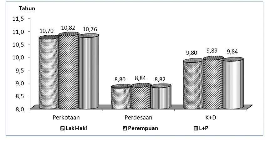 Gambar  4.5 Rata-rata Lama Sekolah Pemuda menurut Tipe Daerah dan Jenis Kelamin, 2013 