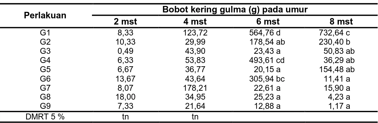 Tabel  1  Rerata  Bobot  Kering  (g)  Gulma  Akibat  Perlakuan  Waktu  Penyiangan  Gulma Perlakuan  Bobot kering gulma (g) pada umur 