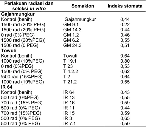 Tabel 1. Kerapatan dan ukuran stomata pada beberapa somaklon Gajahmungkur, Towuti dan IR 64