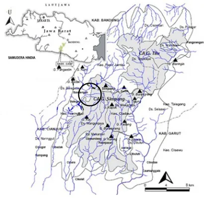 Gambar 1. Lokasi penelitian di Resort Bagian Barat Cagar Alam Gunung Simpang yang termasuk Dusun Miduana, Desa Balegede, Kecamatan Naringgul, Kabupaten Cianjur, Jawa Barat 