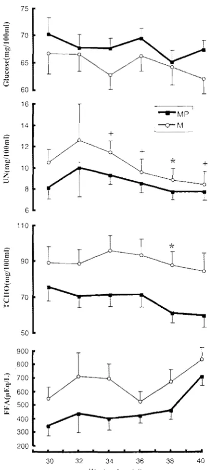 Fig.  3. The  effect  of energy  level  during  last  10  weeks  of gestation  on  plasma  glucose,  urea  nitrogen  ),  total  cholesterol  (TeRO)  and  free  fatty  acid (FFA)  concelltrations  in  dairy  cows. Open  circle and  closed  squares  indicate  least  square  means-SEM  of  maintenance  (M)  and  maintenance  plus pregnancy  (MP)  level  of  feeding,  respectively. and  * indicate  statistically  significant  differences  Ｈｾ＠: P  0.1.  * : P  0.05  respectively)  between  the  M and  MP. 