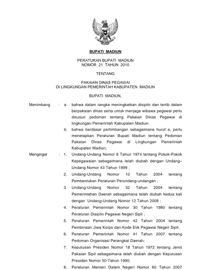 Bupati Madiun Peraturan Bupati Madiun Nomor 21 Tahun 2010 Tentang Pakaian Dinas Pegawai Di 6466