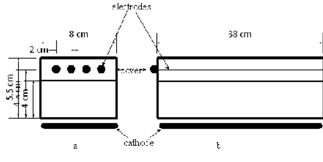 Gambar  7.  Sistem  Reactor  (dengan  sistem  elektroda  dimana  a  tampak  samping  dan  b  tampak depan) (Grabowski, 2006)
