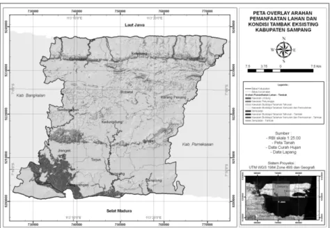 Tabel 9.  Hasil analisis overlay antara peta pemanfaatan lahan dan peta  tambak eksisting di Kabupaten Sampang 