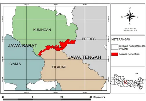 Gambar  1.  Lokasi  penelitian  populasi  surili  di  kelompok  hutan  Gunung  Subang,  Kabupaten  Kuningan
