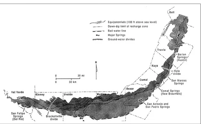 Figure 1.5Edwards aquifer showing hydraulic boundaries, major springs, and equipo-tential lines
