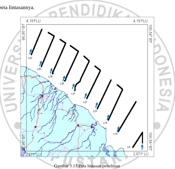 Gambar 3.13 Peta lintasan penelitian (sumber : Pusat Penelitian dan Pengembangan Geologi Kelautan) 