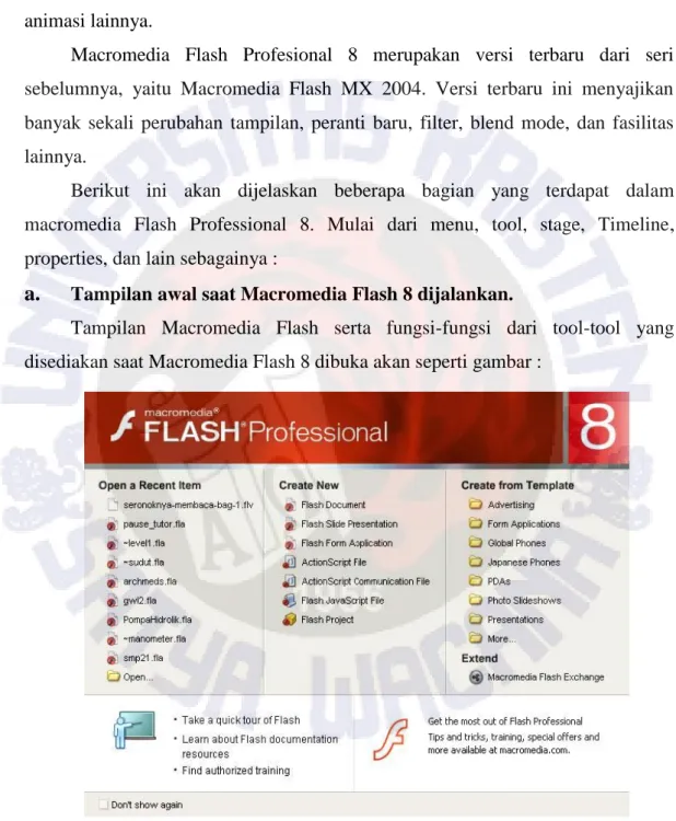 Gambar 2.1. Tampilan awal saat Macromedia Flash 8  Untuk  memulai  file  baru,  pilih  Flash  Document  pada  kolom  Create  New,  maka akan muncul tampilan berikutnya yaitu layar kerja Macromedia Flash 8 