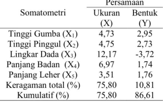 Tabel  4.  Somatometri  Populasi  Kerbau  Lumpur  (Bubalus  bubalis)  di  Kabupaten  Jembrana Bali  Somatometri  Persamaan Ukuran  (X)  Bentuk (Y)  Tinggi Gumba (X 1 )  4,73  2,95  Tinggi Pinggul (X 2 )  4,75  2,73  Lingkar Dada (X 3 )  12,17  -3,72  Panjang Badan  (X 4 )  6,97  1,74  Panjang Leher (X 5 )  3,51  1,76  Keragaman total (%)  75,80  10,81  Kumulatif (%)  75,80  86,61 