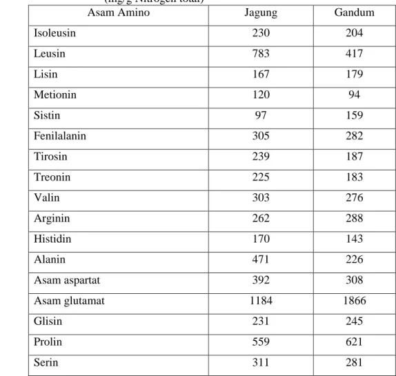 Tabel 4. Kandungan asam amino pada jagung dan gandum (mg/g Nitrogen total)