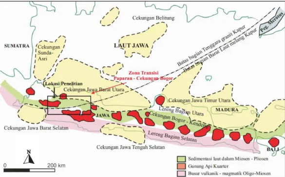 Gambar 2.7. Cekungan Bogor sebagai cekungan busur-belakang magmatik Oligo-Miosen, yang  kini sebagian ditutupi oleh vulkanik Kuarter (Satyana &amp; Armandita, 2004)