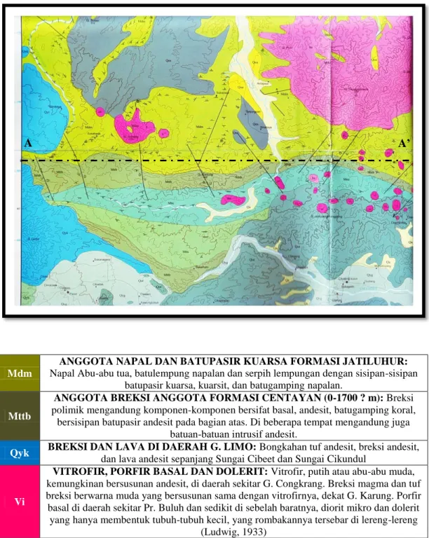 Gambar 2.5. Peta geologi daerah penelitian dan satuan batuan yang mengisinya  (Sumber: Peta Geologi Lembar Cianjur tahun 2003 oleh Sudjatmiko dengan lintasan penelitian 