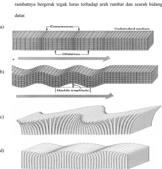 Gambar 6.  Ilustrasi gelombang badan : (a)gelombang P dan (b)gelombang S, dan gelombang  permukaan : (c)gelombang love dan (d)gelombang Rayleigh (Lay, dkk., 1995 (Bolt, 1975))