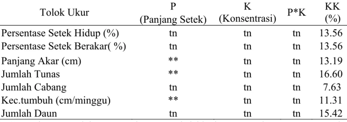 Tabel 6 Rekapitulasi hasil sidik ragam pengaruh panjang setek dan konsentrasi  auksin terhadap tolok ukur keberhasilan setek torbangun saat 7 MST a Tolok Ukur  P K  (Konsentrasi)  P*K     KK     (%) 
