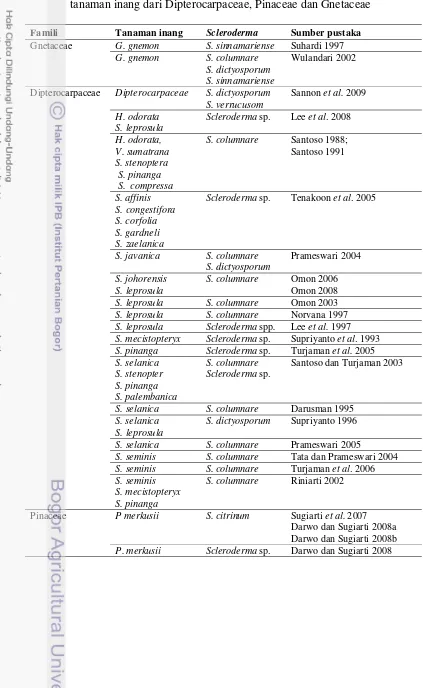 Tabel 2 Daftar penelitian fungi ektomikoriza Scleroderma spp. pada berbagai tanaman inang dari Dipterocarpaceae, Pinaceae dan Gnetaceae  