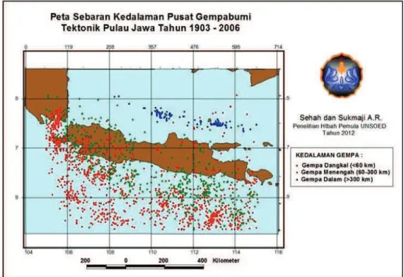 Gambar 2 . Peta sebaran pusat gempabumi tektonik berdasarkan kedalaman          periode tahun 1903 – 2006 di Pulau Jawa dan sekitarnya  