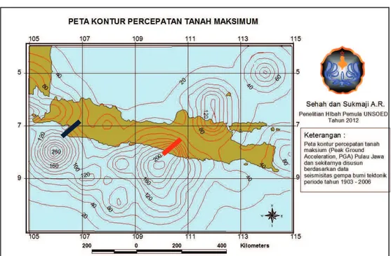 Gambar 3 . Peta percepatan tanah maksimum (Peak Ground Acceleration, PGA) Pulau Jawa  dan sekitarnya