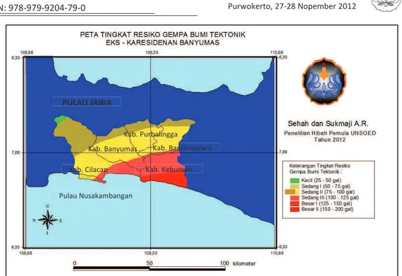 Gambar 5 . Peta tingkat resiko gempabumi tektonik Eks-Karesidenan Banyumas     (plus Kabupaten Kebumen) berdasarkan data seismisitas gempabumi      tektonik tahun 1903 – 2006