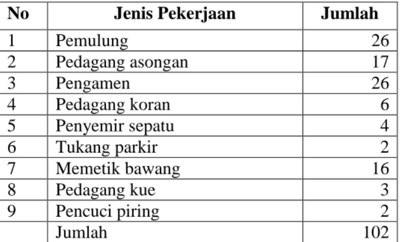 Tabel 8. Jumlah Pekerja Anak Jalanan berdasarkan Jenis Pekerjaan di Kota Metro  Tahun 2009