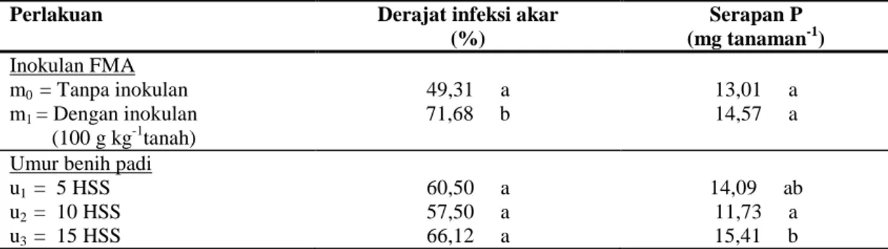 Tabel  1.  Pengaruh  Inokulan  FMA  dan  Umur  benih  terhadap  derajat  infeksi  akar  tanaman  padi  (%)  dan  serapan P (mg tanaman -1 ) 