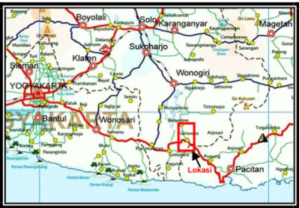 Gambar    1.    Peta    lokasi    daerah    penelitian,    yang   termasuk  wilayah    Kabupaten    Wonogiri,    Provinsi   Jawa  Tengah