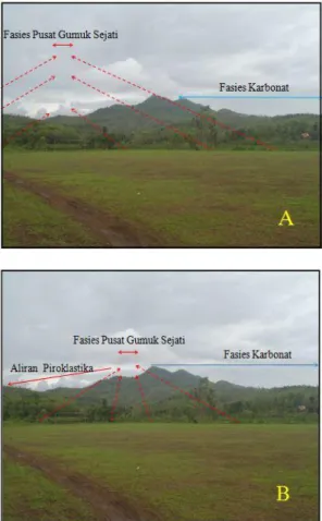 Gambar  10  Kenampakan  morfologi  di  daerah  penelitian  yang  di  interpretasikan  sebagai  gumuk  gunung  api  dengan  Fasies  Pusat  yang    berbeda  (A)  dan (B)