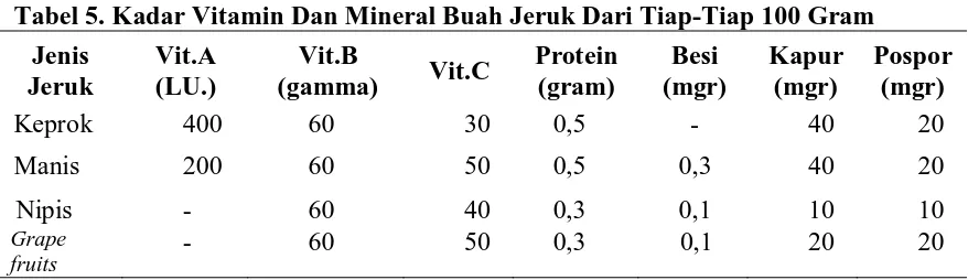 Tabel 5. Kadar Vitamin Dan Mineral Buah Jeruk Dari Tiap-Tiap 100 Gram  