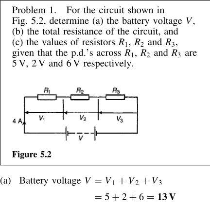 Fig. 5.2, determine (a) the battery voltage V,