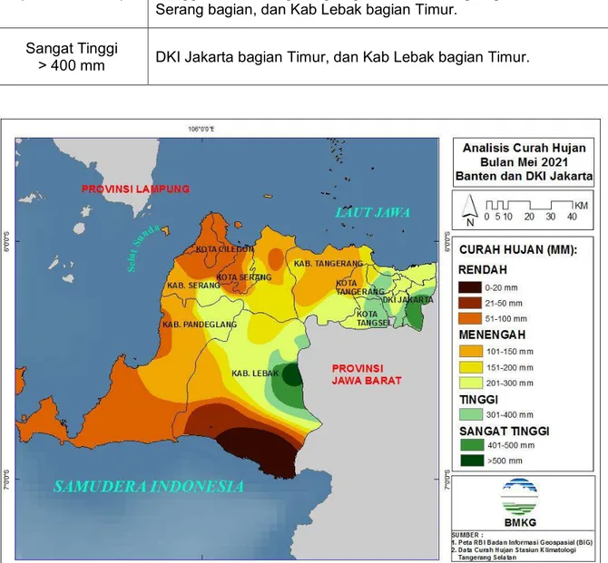 Gambar 6. Peta Analisis Curah Hujan  Bulan Mei 2021 Provinsi Banten dan DKI Jakarta 
