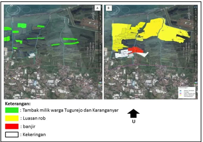 Gambar  4.    Lahan  budidaya  (A)  dan  daerah  rob,  banjir  dan  kekeringan  (B)  di  Kelurahan  Tugurejo dan Karanganyar di Kelurahan Tugurejo dan Karanganyar Semarang  Sedangkan  di  Kelurahan  Karanganyar 