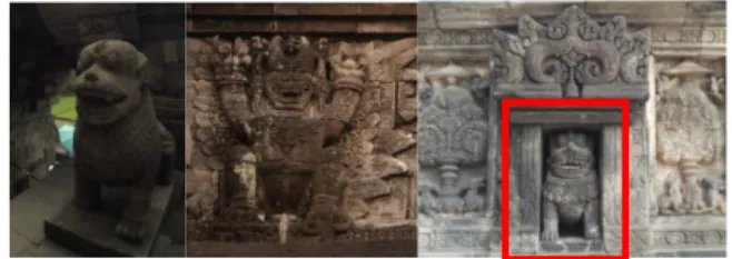 Figur 14. Ornamen Singa pada Candi Borobudur, Candi Induk Penataran, dan Candi Prambanan 