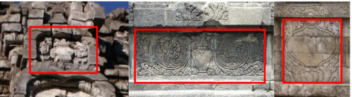 Figur 8. Ornamen Purnakalasa pahat timbul pada Candi Bima, Purnakalasa pahat timbul tipis pada  Candi Siwa Prambanan, dan Purnakalasa pahat ukir pada Candi Kidal 