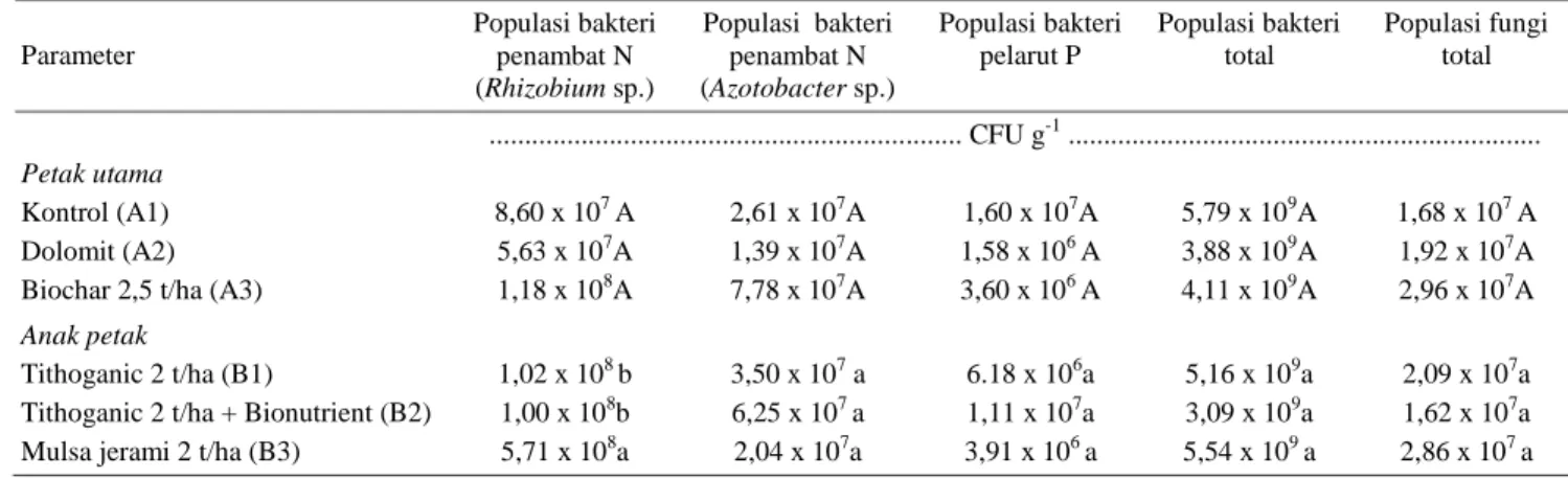 Tabel 14.  Pengaruh ameliorasi dan pemupukan terhadap populasi bakteri penambat N, bakteri pelarut P, bakteri total dan  fungi total pada saat kedelai fase primordia (50 hari sesudah tanam) di Desa Taman Bogo, Lampung Timur,  musim kemarau   2013 