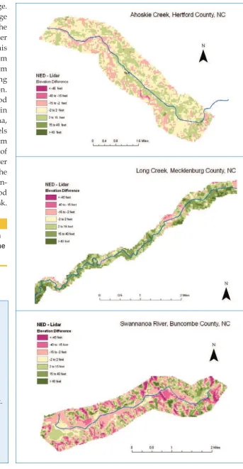 FIGURE 7 Differences in land surface elevation between the USGS NED and the North Carolina Floodplain Mapping Program lidar can be very large along rivers in three counties in North Carolina
