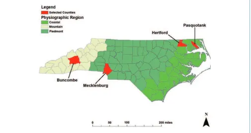 FIGURE 1 Location of ﬂ ood mapping case studies in North Carolina. 