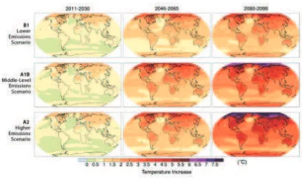 Projected warming for three emissions scenarios FIGURE 20Models project the geographical pattern of annual average 