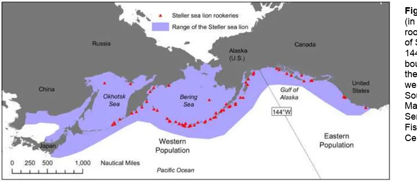 Figure 1. The range (in blue) and rookeries (in red)  of Steller sea lions.  144° W defines the boundary between the eastern and western populations