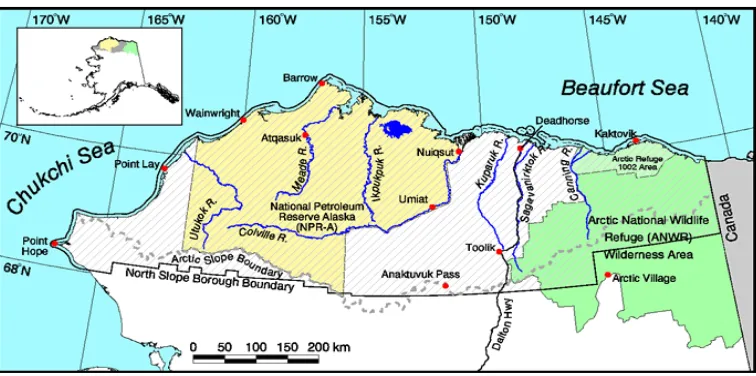 Figure 1. The North Slope (the Arctic Slope) extends from the crest of the Brooks Range to the Arctic Coast, from the Canadian border to Point Hope