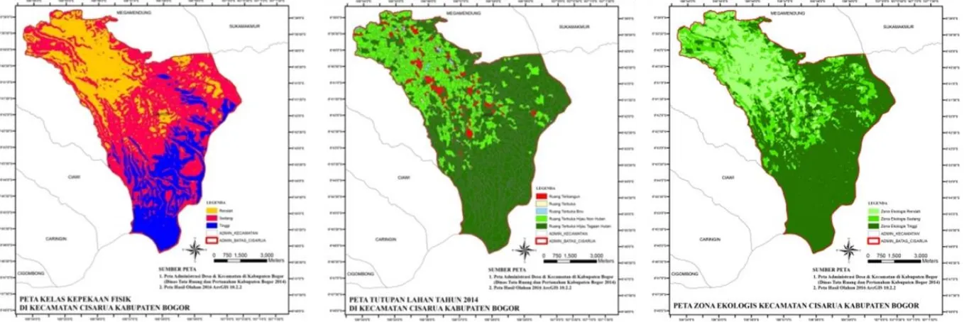 Gambar 3  Peta kepekaan lanskap (a), peta penutupan lahan tahun 2014 (b), dan peta zona ekologis  kawasan di Kecamatan Cisarua 