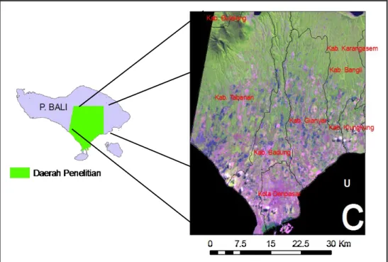 Gambar 1. Daerah penelitian yang ditunjukkan oleh Citra Landsat 7 ETM+  Pengambilan sampel dilakukan dengan metode stratified random sampling,  dimana  dalam  metode  ini  dilakukan  pengambilan  sampel  berdasarkan  pertimbangan pembagian kelas nilai digi