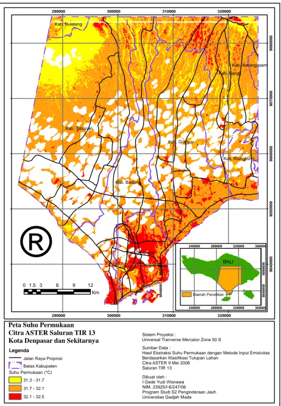 Gambar 3. Peta Suhu Permukaan Citra ASTER Saluran TIR 13 Kota Denpasar dan  Skitarnya 