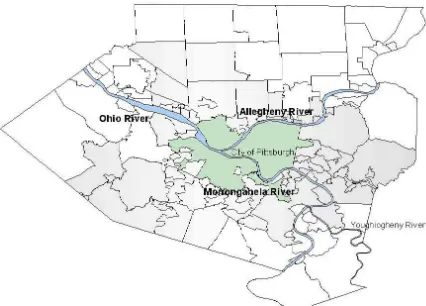 Figure 2. The Allegheny, Monongahela, and Ohio Rivers in Allegheny County in southwestern Pennsylvania; shaded areas include the 83 Allegheny County communities serviced by the Allegheny County Sanitary Authority (ALCOSAN), including the City of Pittsburgh.