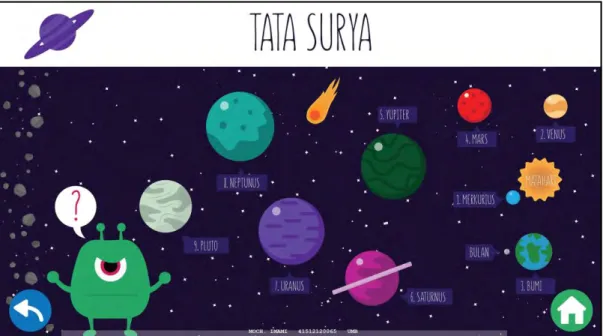 Gambar  5-9 Tampilan Halaman Gambaran Tata Surya  ActionScript pada tampilan halaman gambaran tata surya :  stop();  Multitouch.inputMode = MultitouchInputMode.TOUCH_POINT;    BtnNav_7.addEventListener(TouchEvent.TOUCH_TAP, KeFrame_9);  function KeFrame_7(event:TouchEvent):void{  gotoAndStop(7);  }  BtnNav_9.addEventListener(TouchEvent.TOUCH_TAP, KeFrame_2);  function KeFrame_9(event:TouchEvent):void{  gotoAndStop(9);  }  BtnNav_25.addEventListener(TouchEvent.TOUCH_TAP, KeFrame_1);  function KeFrame_25(event:TouchEvent):void{  gotoAndStop(25);  } 