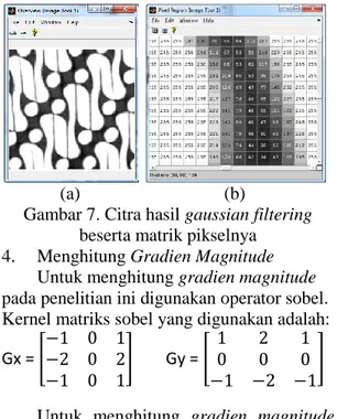 Gambar 7. Citra hasil gaussian filtering  beserta matrik pikselnya  4.  Menghitung Gradien Magnitude 