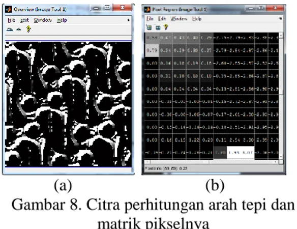 Gambar 9. Citra hasil perhitungan non- non-maximum susppression dan matrik pikselnya 