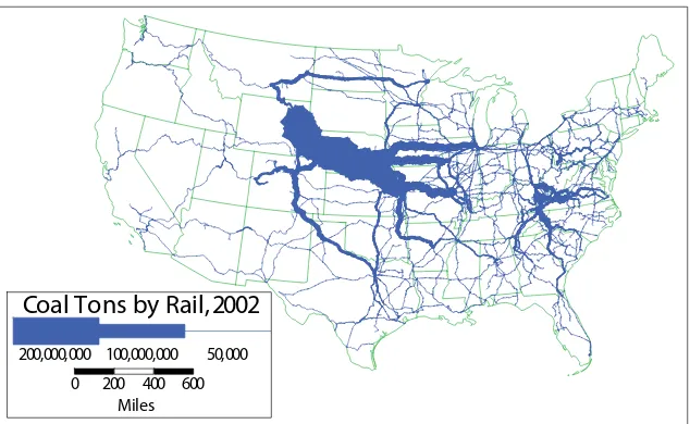 Figure 3. Schematic showing coal tonnage transported by rail in 2002. SOURCE: courtesy Bruce Peterson, Center for Transportation Analysis, Oak Ridge National Laboratory